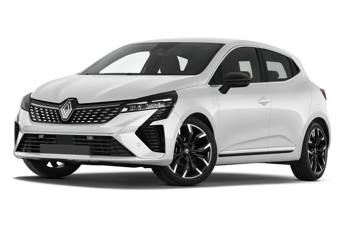 Tiefe, schräge Heckansicht eines Renault Clio Hybrid (neues Modell), freigestellt