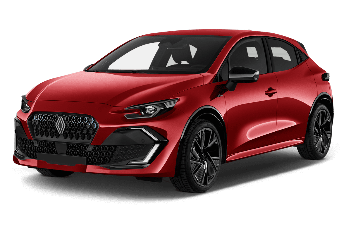 Schräge Frontansicht eines Renault Clio Hybrid (neues Modell), freigestellt