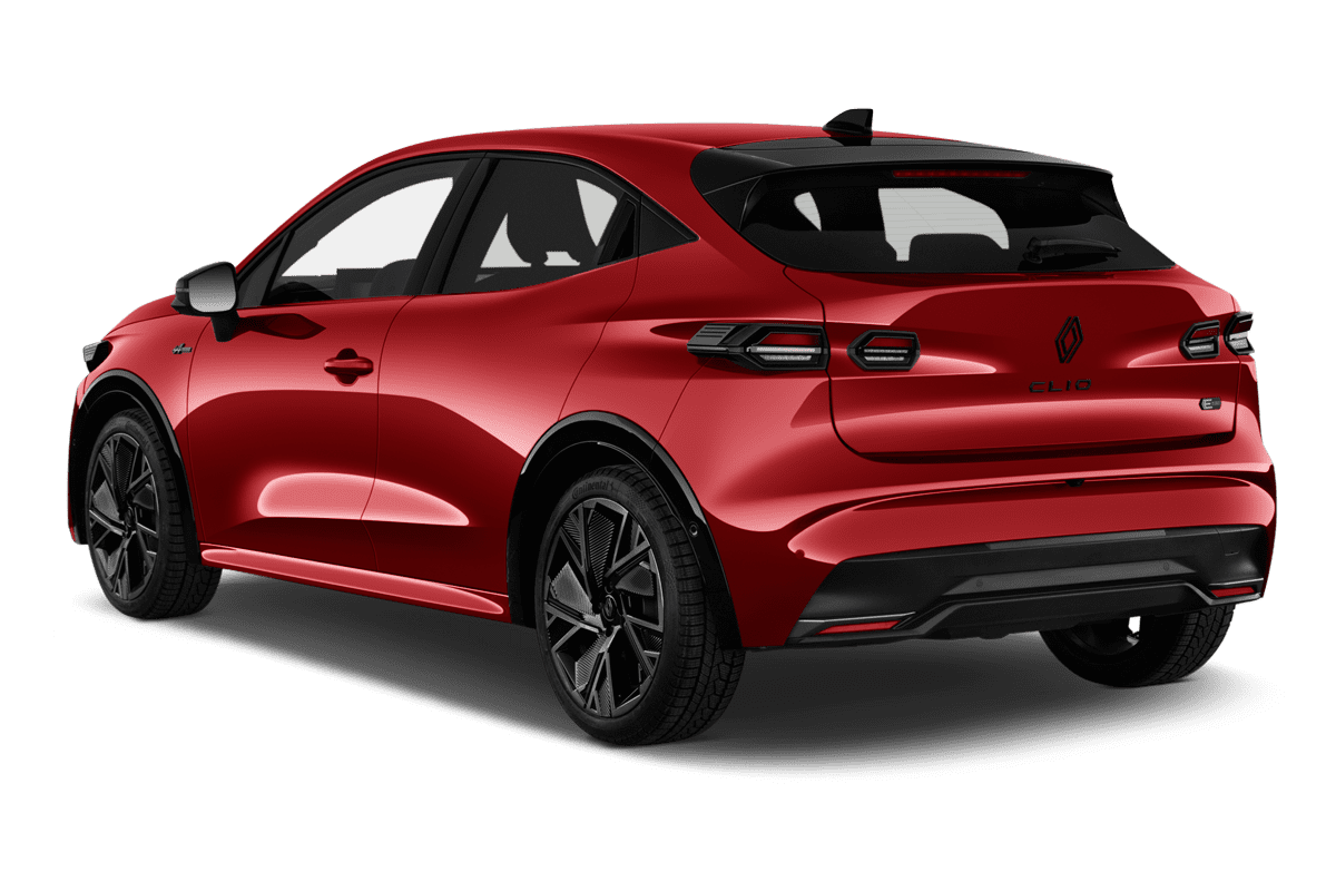 Schräge Heckansicht eines Renault Clio Hybrid (neues Modell), freigestellt