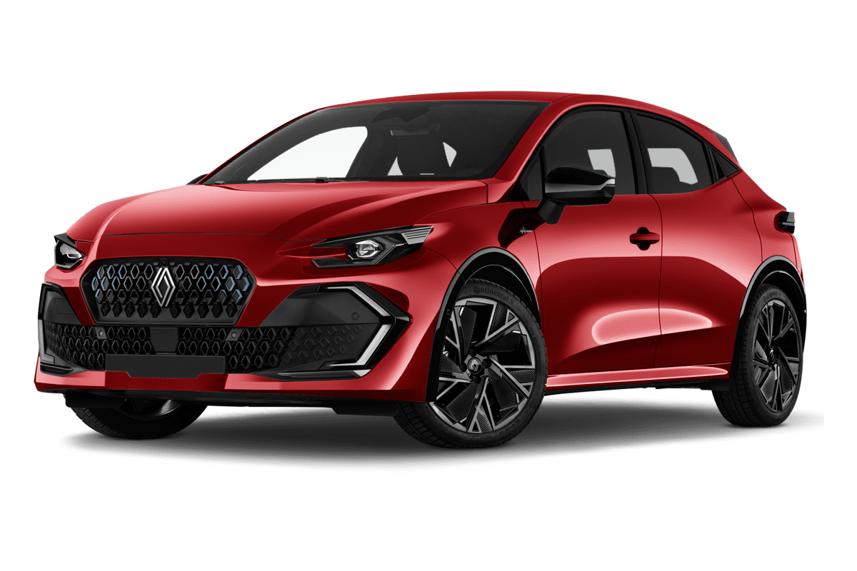 Tiefe, schräge Heckansicht eines Renault Clio Hybrid (neues Modell), freigestellt