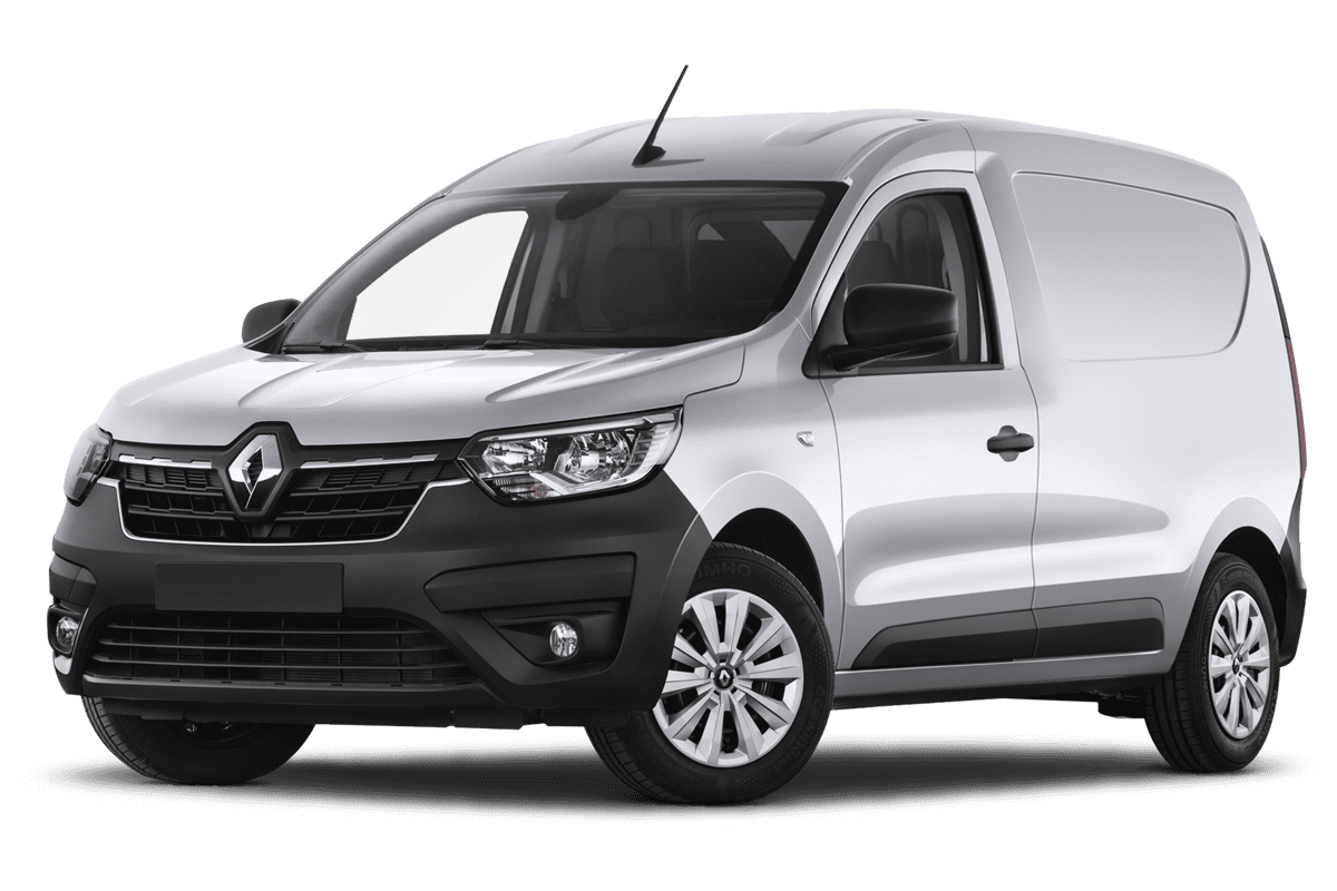 Tiefe, schräge Heckansicht eines Renault Express, freigestellt