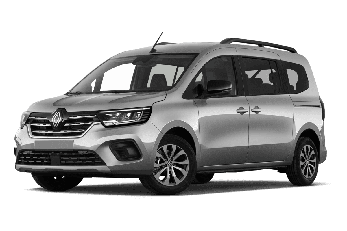 Tiefe, schräge Heckansicht eines Renault Grand Kangoo, freigestellt