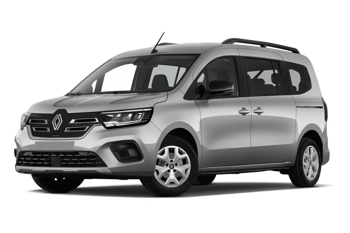 Tiefe, schräge Heckansicht eines Renault Kangoo E-Tech, freigestellt