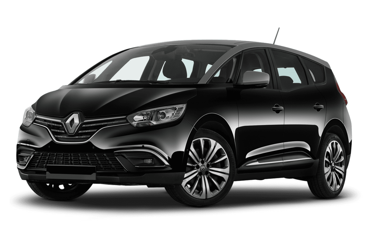 Tiefe, schräge Heckansicht eines Renault Grand Scenic, freigestellt