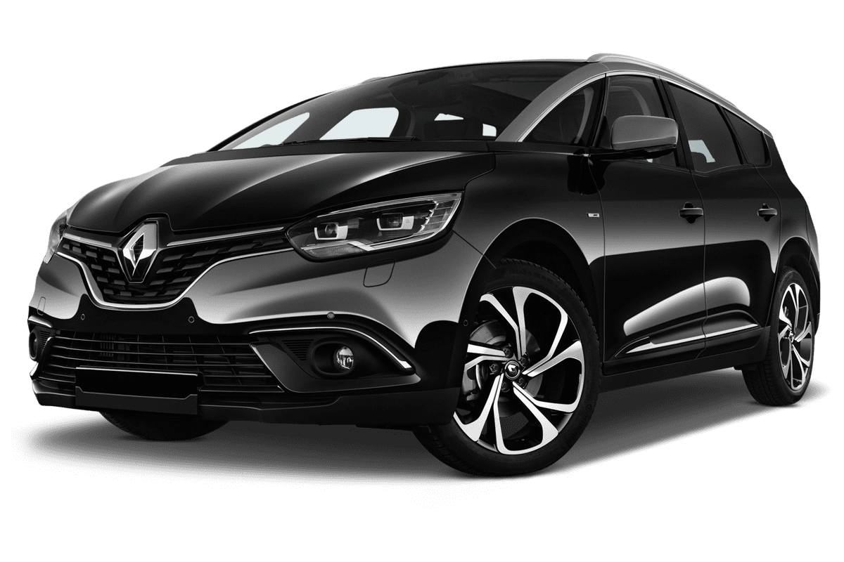 Tiefe, schräge Heckansicht eines Renault Grand Scenic Black Edition , freigestellt