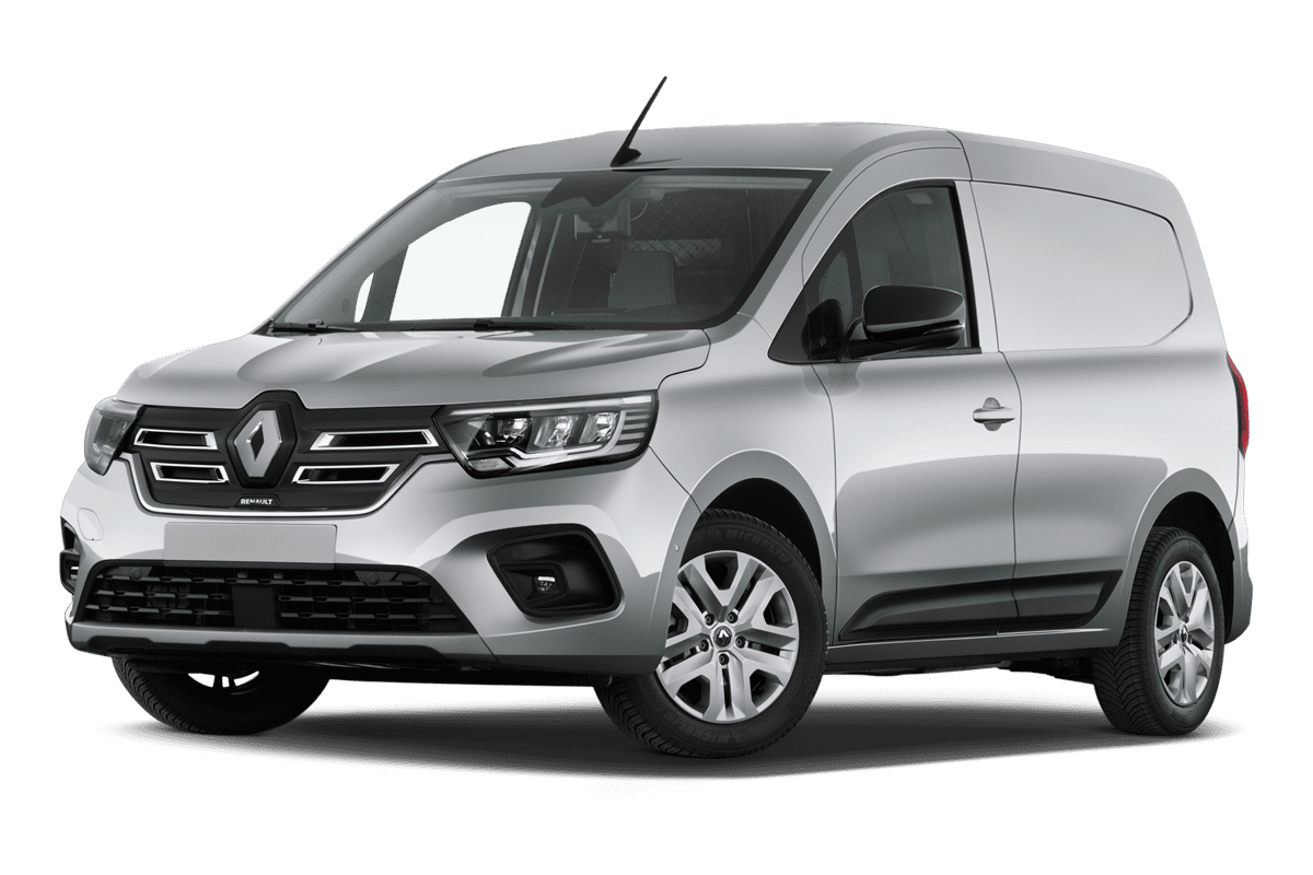 Tiefe, schräge Heckansicht eines Renault Kangoo Rapid E-Tech, freigestellt