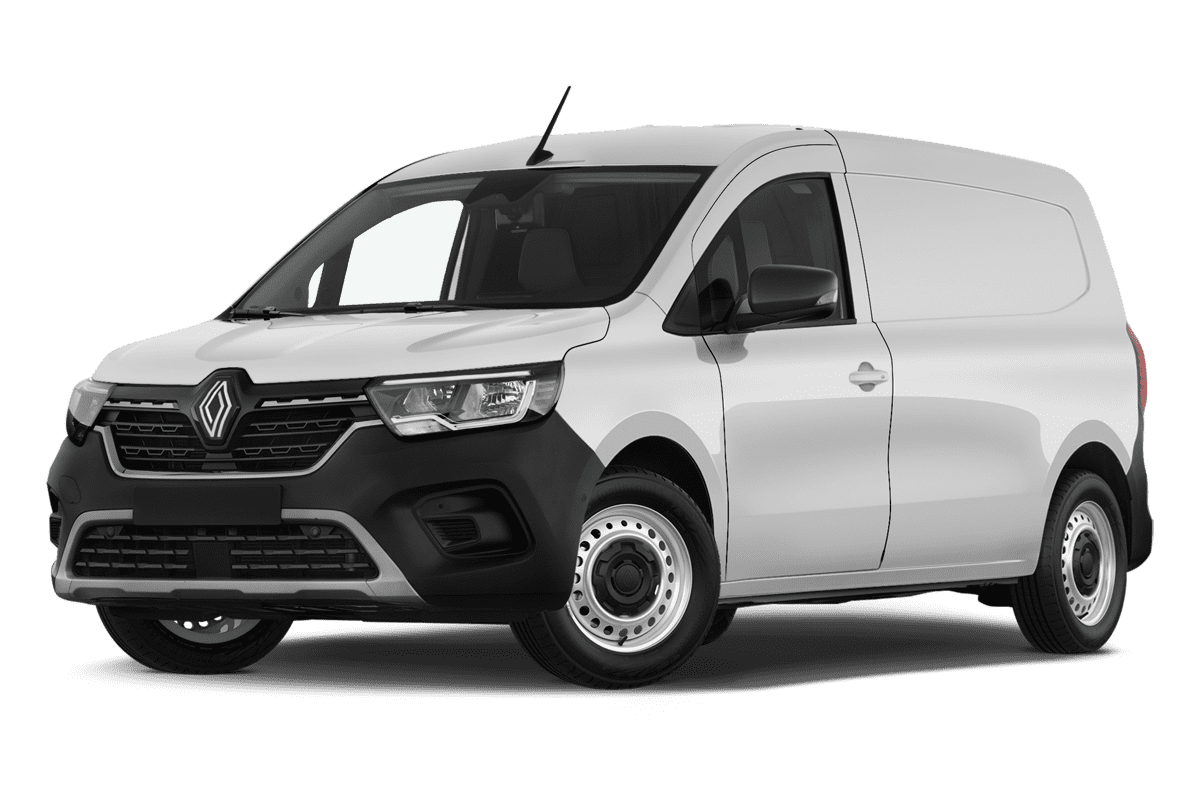 Tiefe, schräge Heckansicht eines Renault Kangoo Rapid, freigestellt