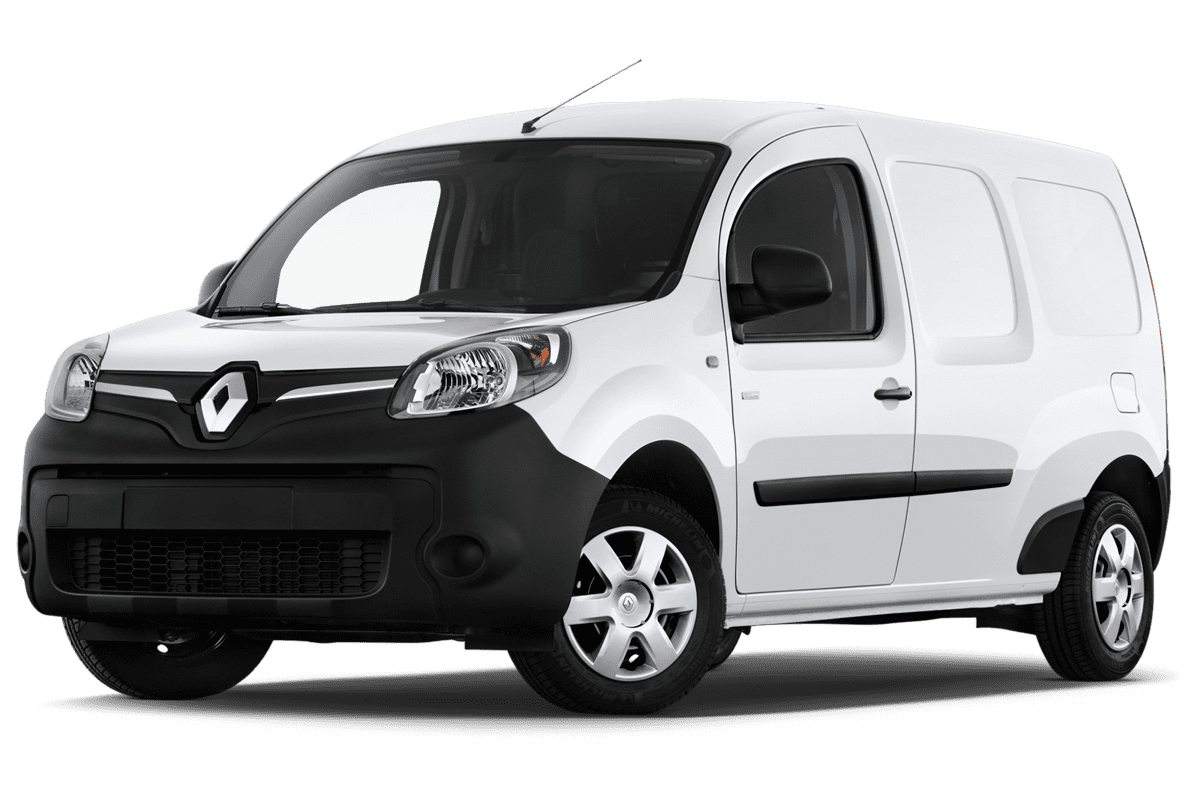 Tiefe, schräge Heckansicht eines Renault Kangoo Z.E., freigestellt