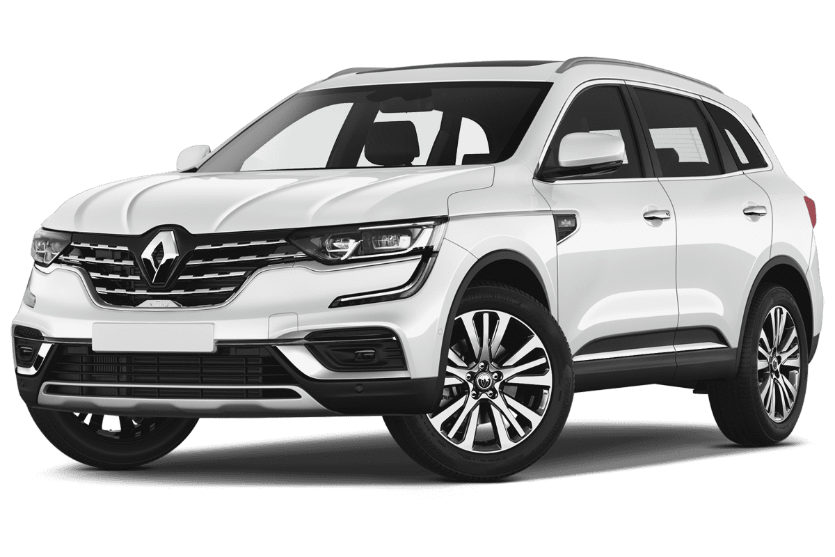 Tiefe, schräge Heckansicht eines Renault Koleos, freigestellt