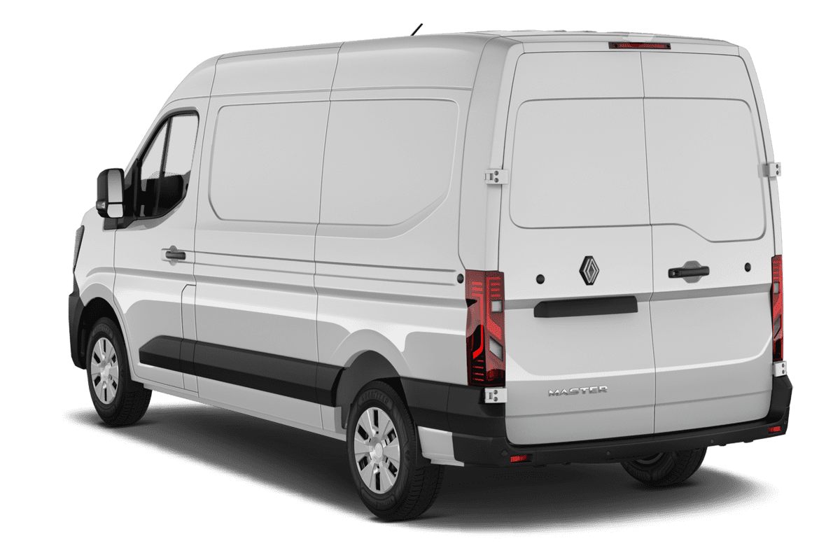 Schräge Heckansicht eines Renault Master Normal Kastenwagen, freigestellt