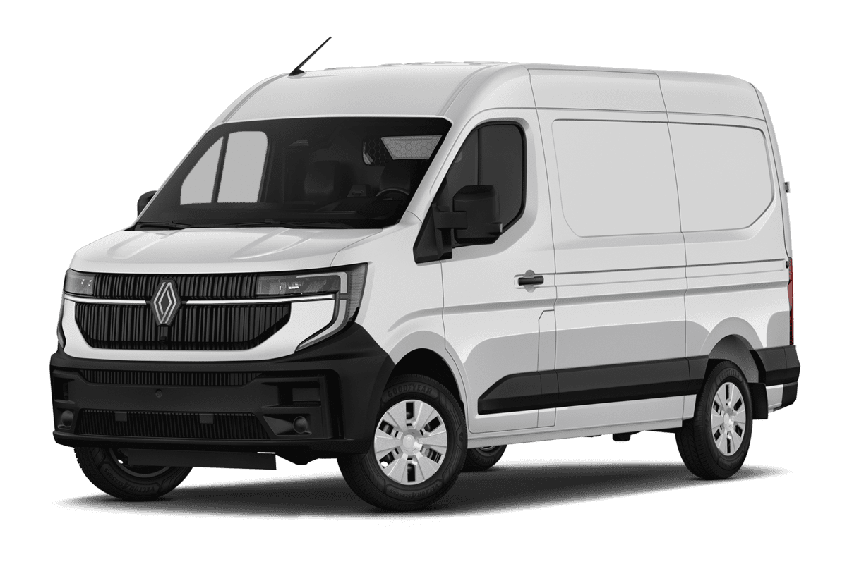 Tiefe, schräge Heckansicht eines Renault Master Normal Kastenwagen, freigestellt