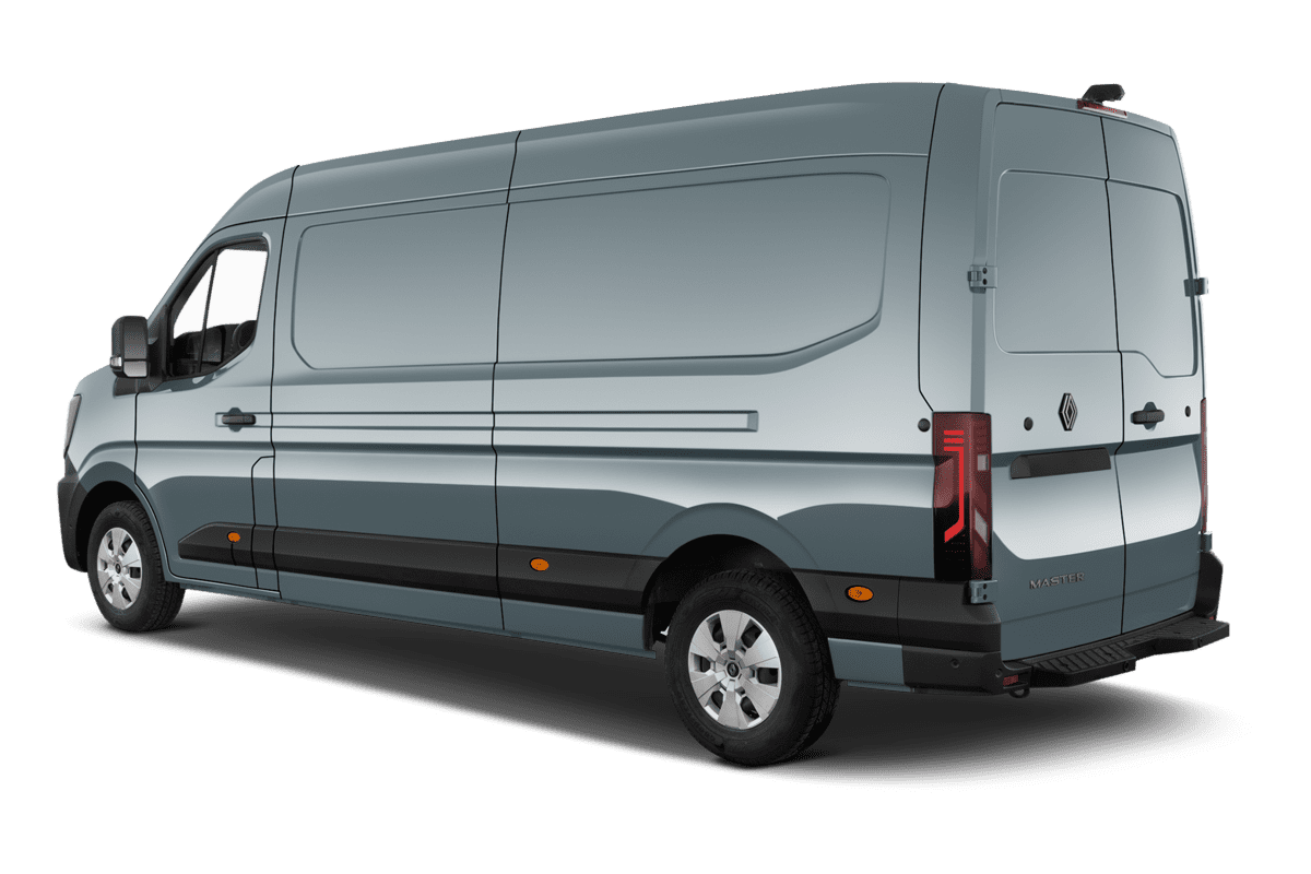 Schräge Heckansicht eines Renault Master Normal Kastenwagen, freigestellt