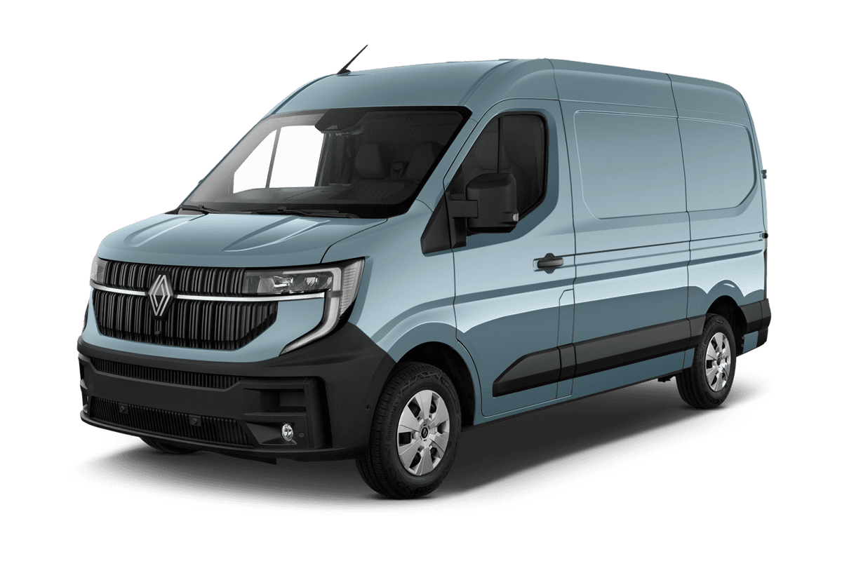 Schräge Frontansicht eines Renault Master E-Tech, freigestellt