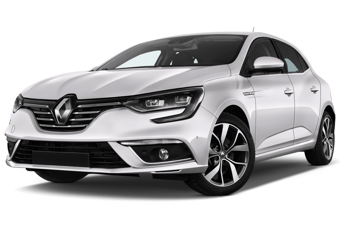 Tiefe, schräge Heckansicht eines Renault Megane RS, freigestellt