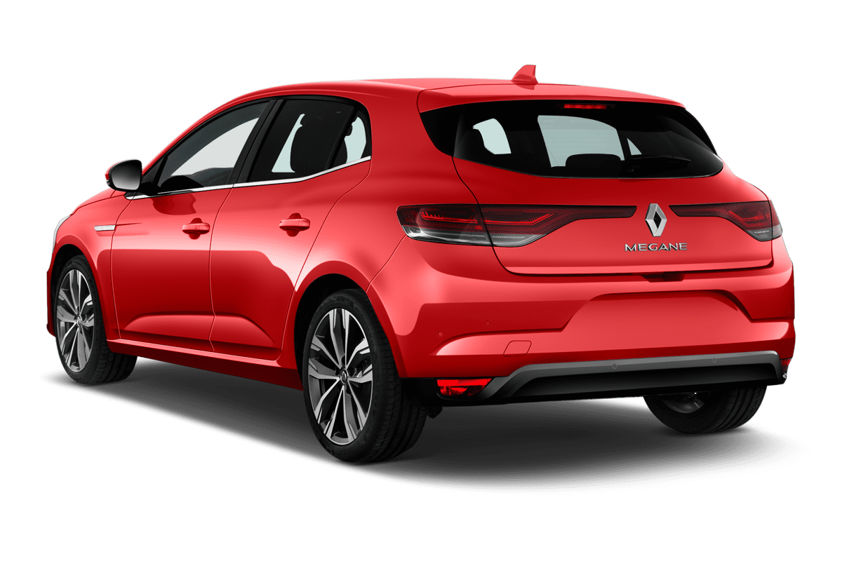 Schräge Heckansicht eines Renault Megane 5-türig, freigestellt