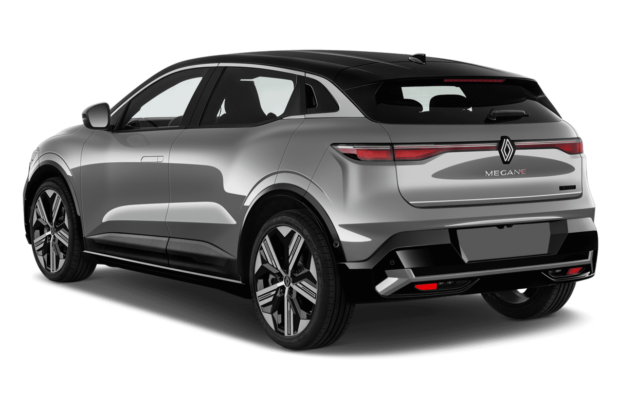 Schräge Heckansicht eines Renault Megane E-Tech, freigestellt