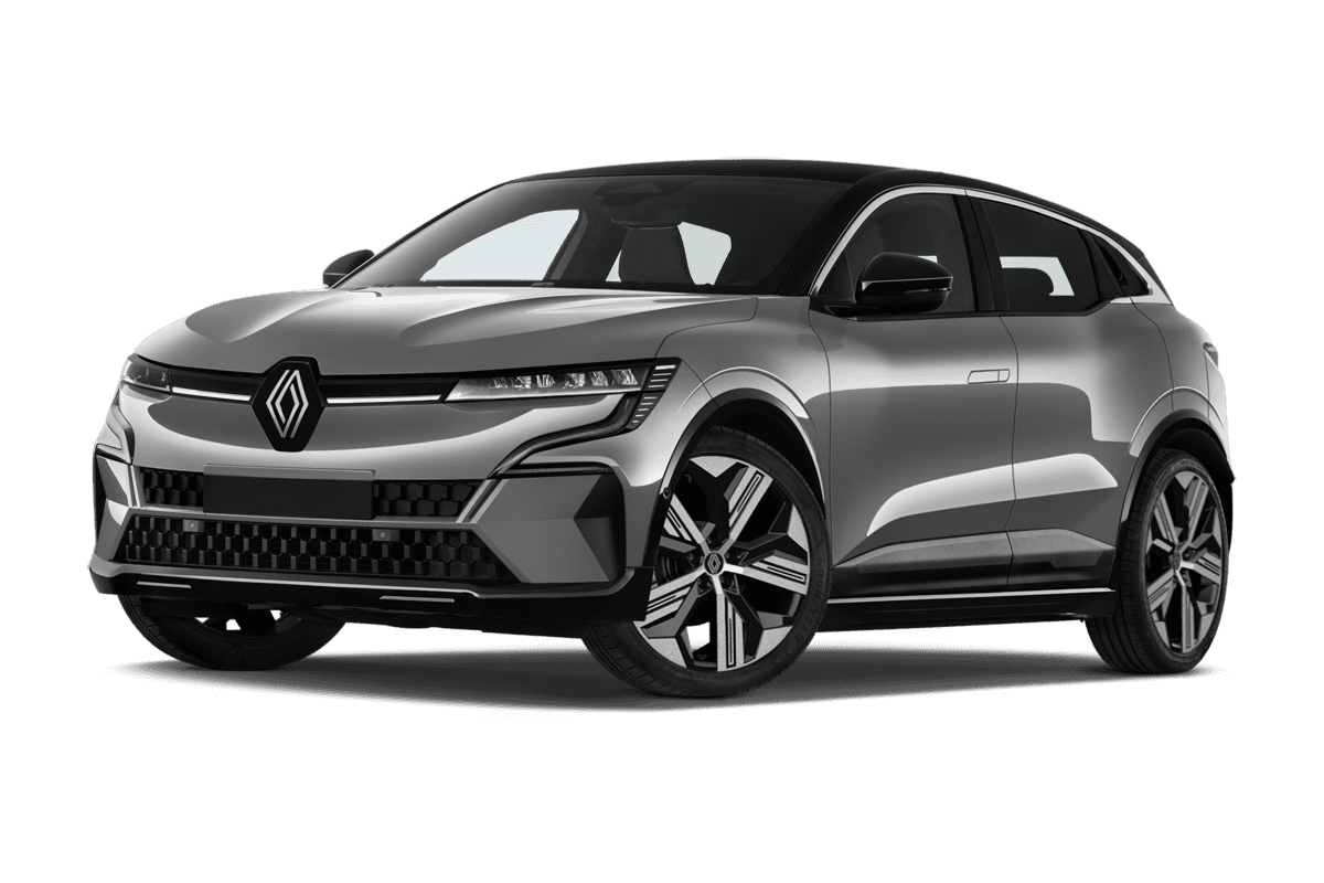 Tiefe, schräge Heckansicht eines Renault Megane E-Tech, freigestellt