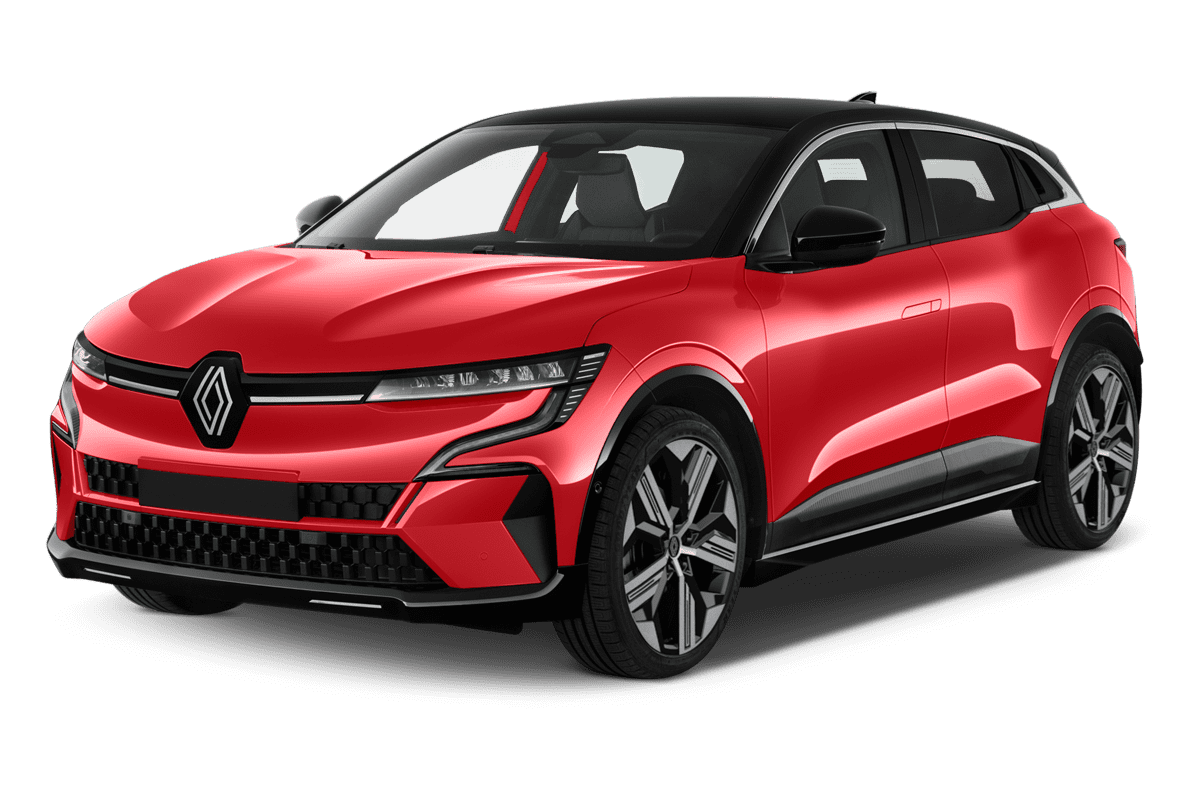 Schräge Frontansicht eines Renault Megane E-Tech, freigestellt