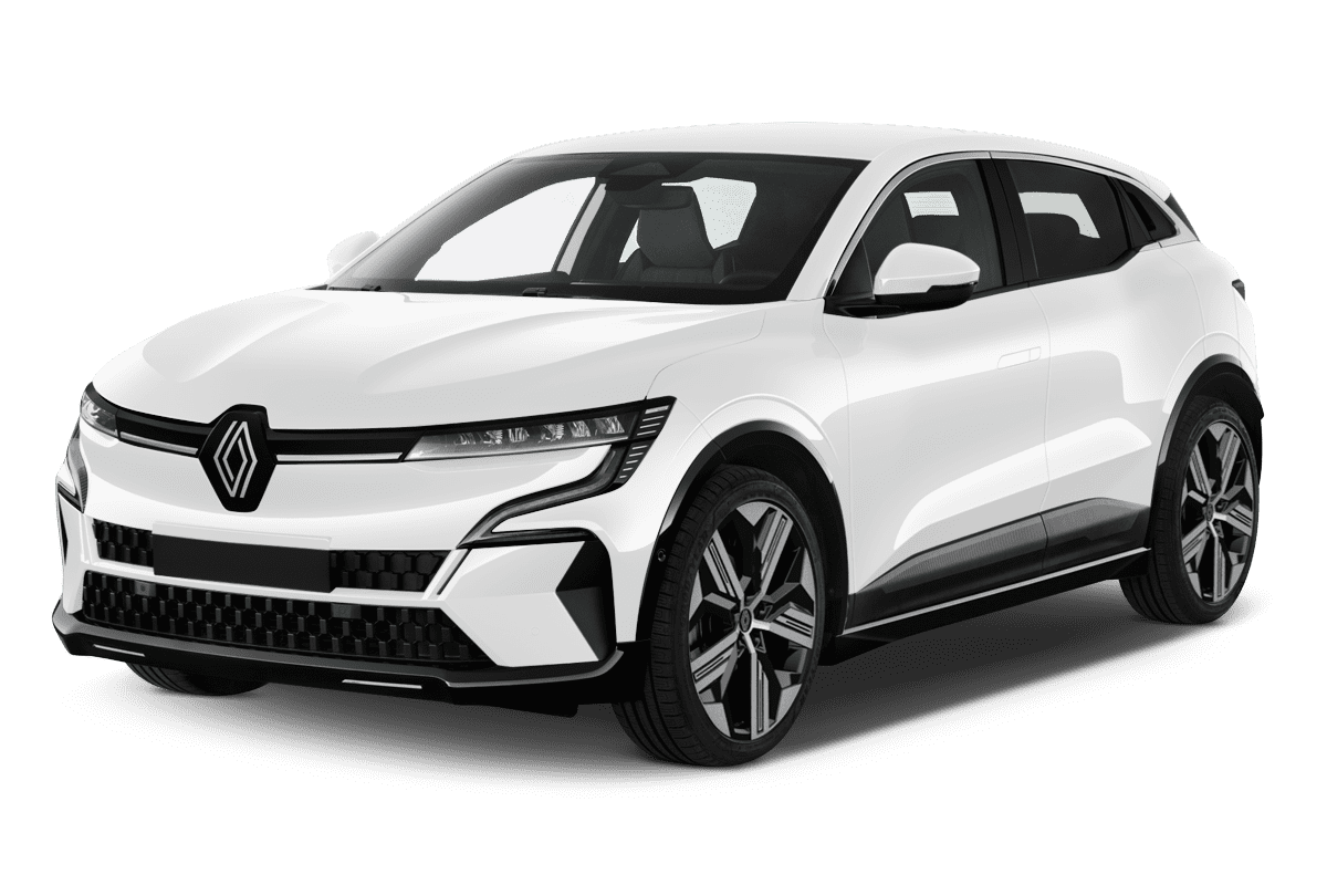 Schräge Frontansicht eines Renault Megane E-TECH, freigestellt