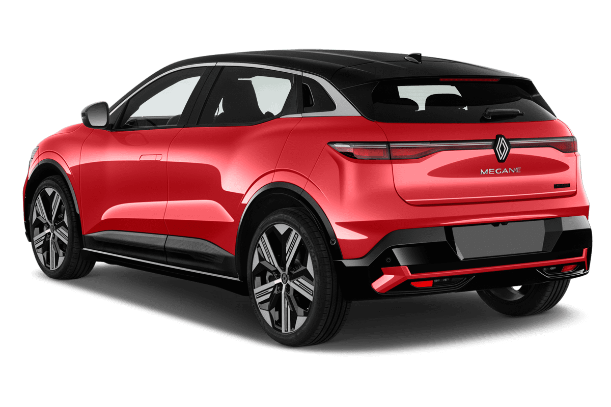 Schräge Heckansicht eines Renault Megane E-Tech, freigestellt