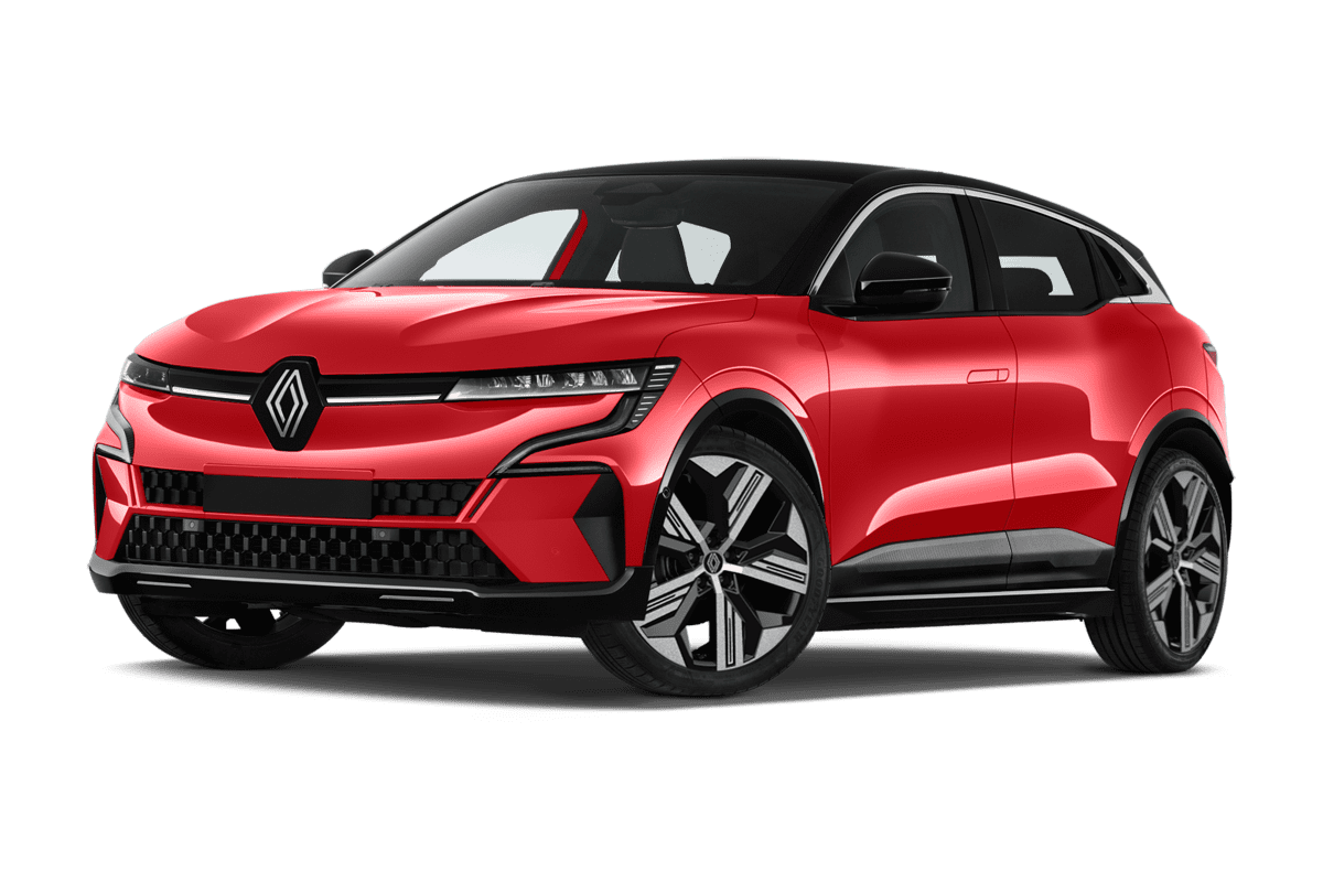 Tiefe, schräge Heckansicht eines Renault Megane E-Tech, freigestellt