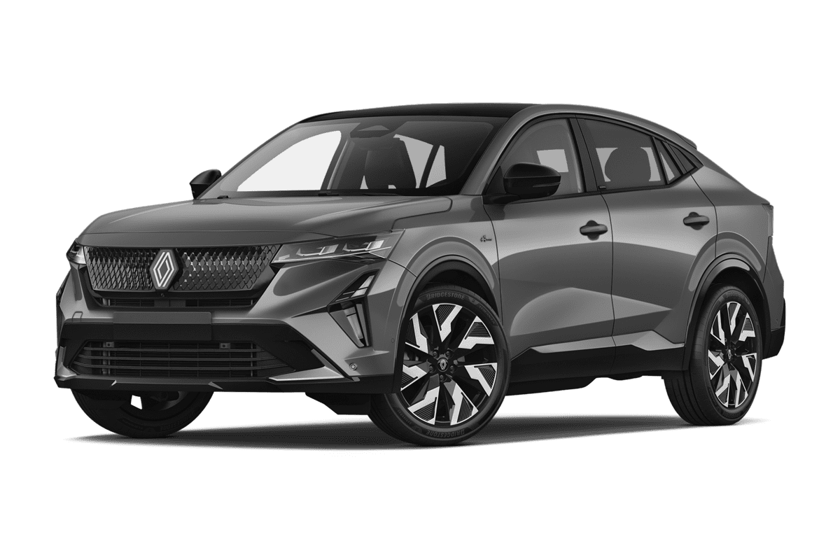 Tiefe, schräge Heckansicht eines Renault Rafale Hybrid , freigestellt