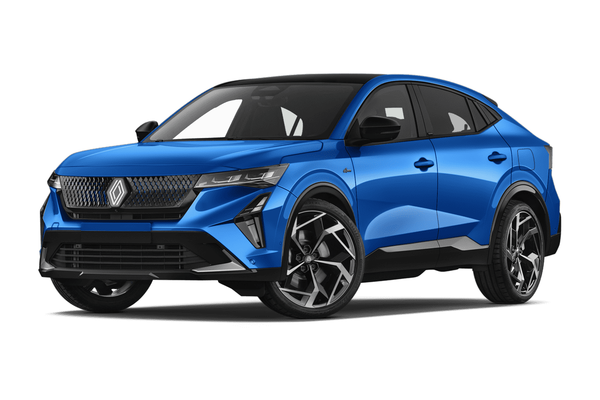 Tiefe, schräge Heckansicht eines Renault Rafale Plug-in-Hybrid, freigestellt