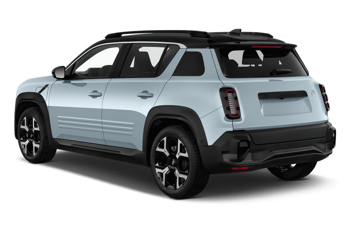 Schräge Heckansicht eines Renault R4 E-Tech, freigestellt