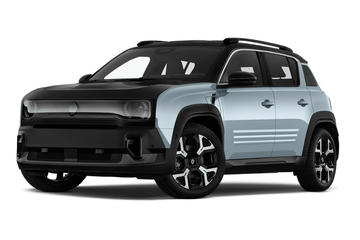 Tiefe, schräge Heckansicht eines Renault R4 E-Tech, freigestellt