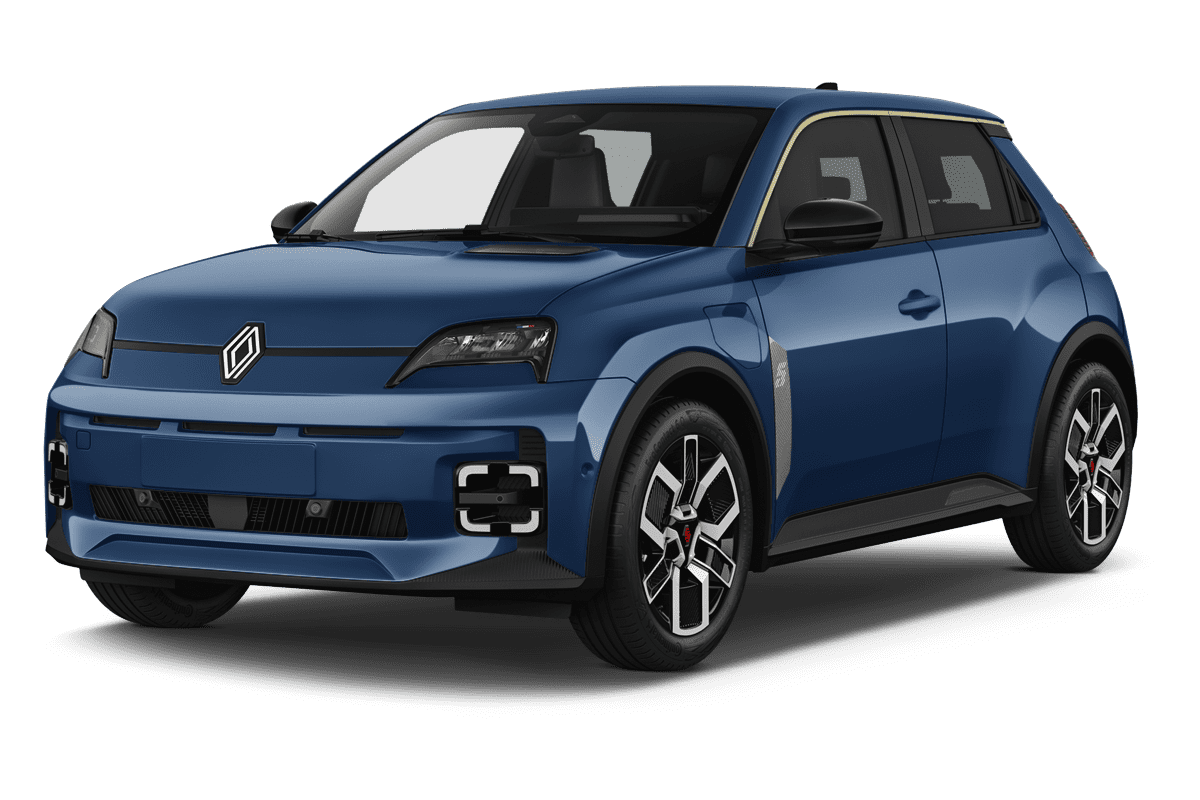 Schräge Frontansicht auf einen Renault 5 E-TECH, freigestellt
