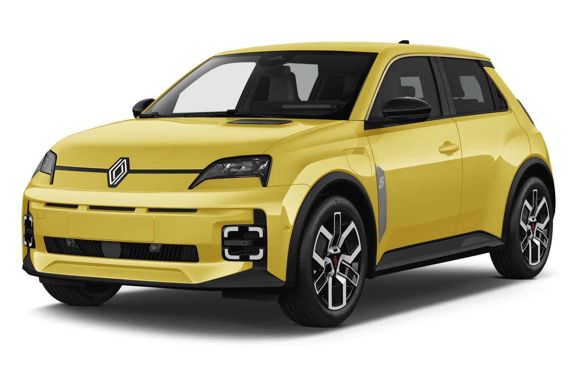 Schräge Frontansicht auf einen Renault 5 E-TECH, freigestellt