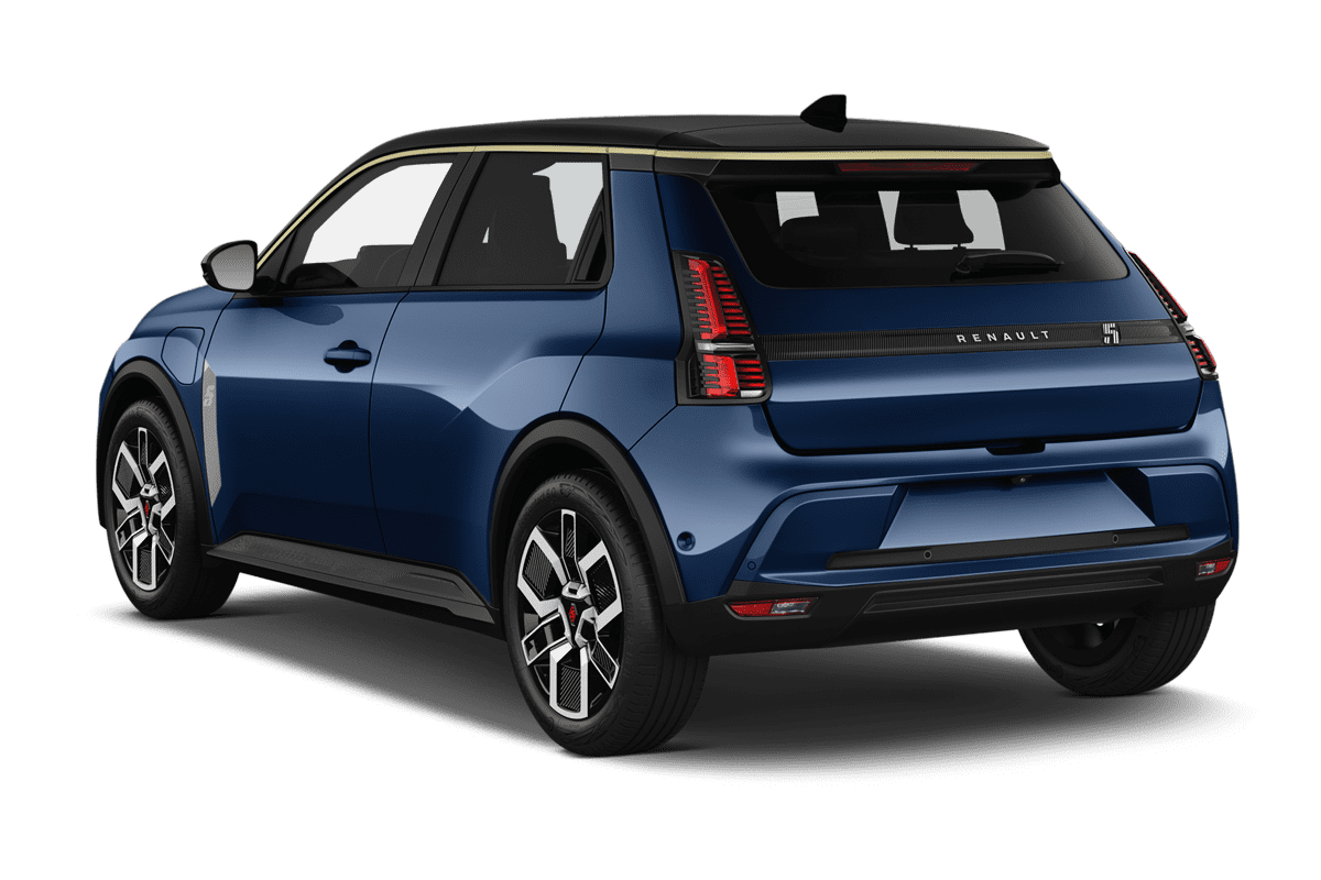 Schräge Heckansicht eines Renault R5 E-Tech, freigestellt