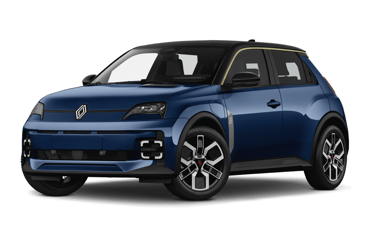 Tiefe, schräge Heckansicht eines Renault R5 E-Tech, freigestellt