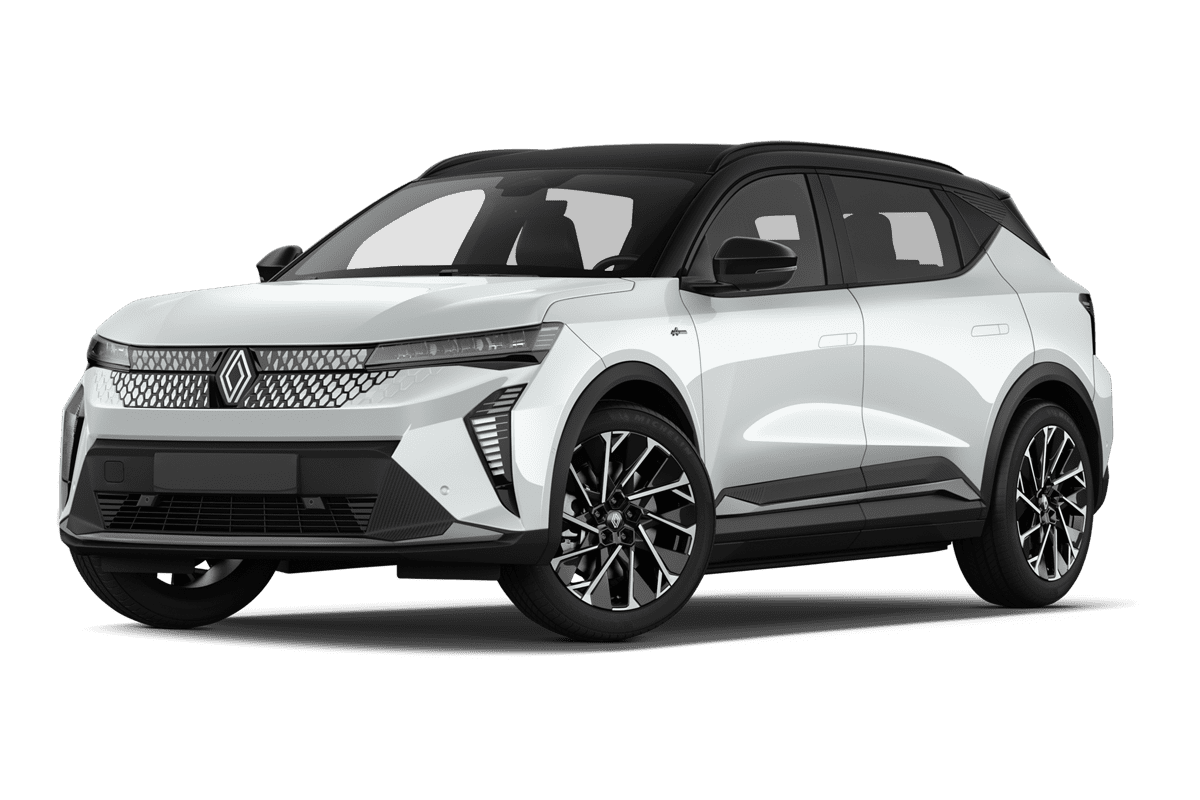 Tiefe, schräge Heckansicht eines Renault Scenic E-Tech , freigestellt