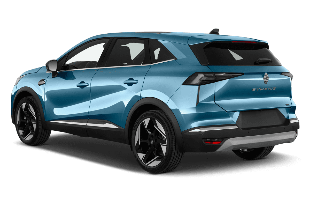 Schräge Heckansicht eines Renault Symbioz Hybrid , freigestellt