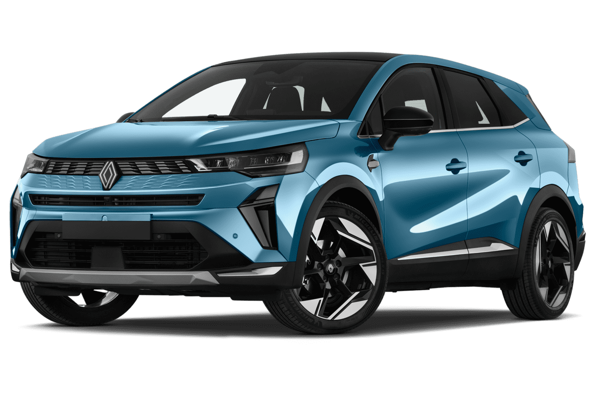 Tiefe, schräge Heckansicht eines Renault Symbioz Hybrid , freigestellt