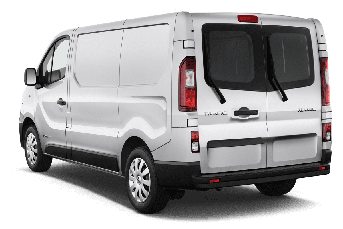 Schräge Heckansicht eines Renault Trafic Doppelkabine Kastenwagen , freigestellt