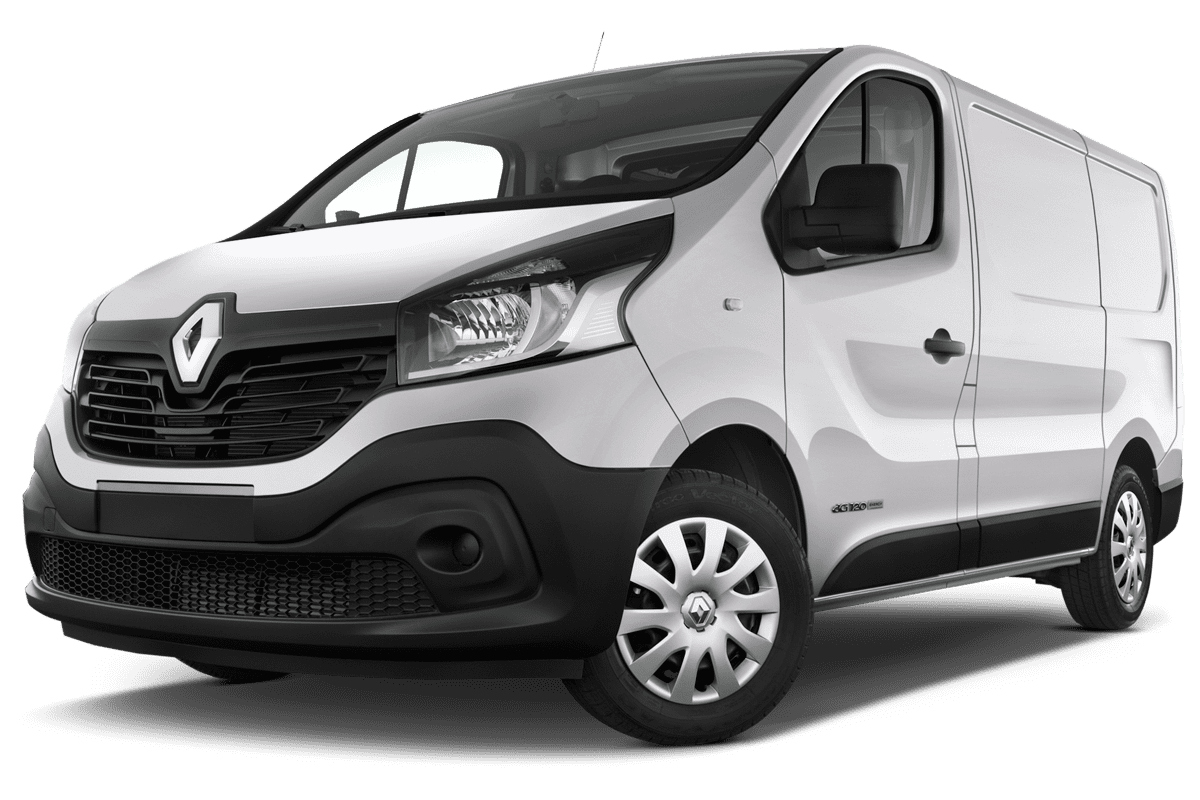 Tiefe, schräge Heckansicht eines Renault Trafic Doppelkabine Kastenwagen , freigestellt