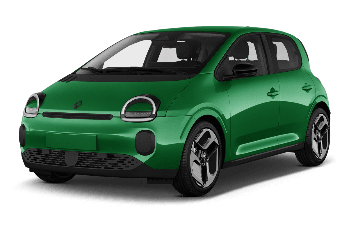 Schräge Frontansicht eines Renault Twingo E-Tech, freigestellt