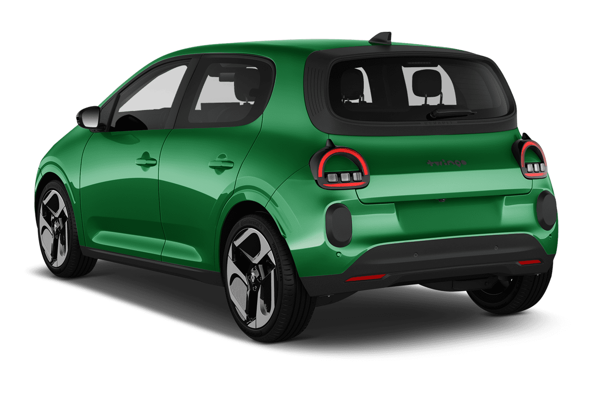 Schräge Heckansicht eines Renault Twingo E-Tech, freigestellt (KI-generiert)