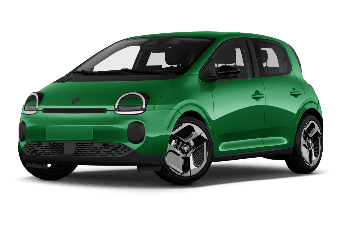 Tiefe, schräge Heckansicht eines Renault Twingo E-Tech, freigestellt (KI-generiert)
