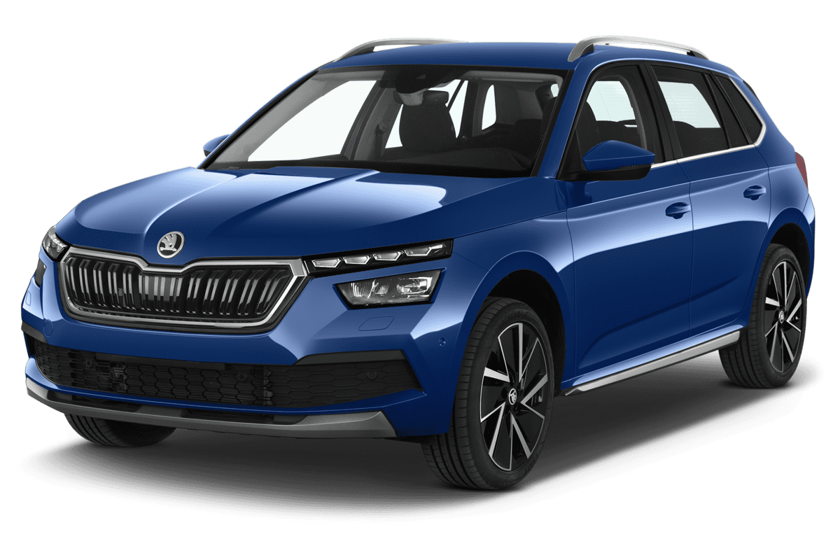 Schräge Frontansicht eines Skoda Kamiq Tour, freigestellt