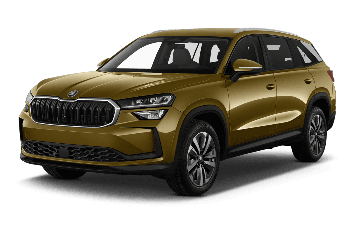 Schräge Frontansicht eines Skoda Kodiaq Plug-in-Hybrid, freigestellt