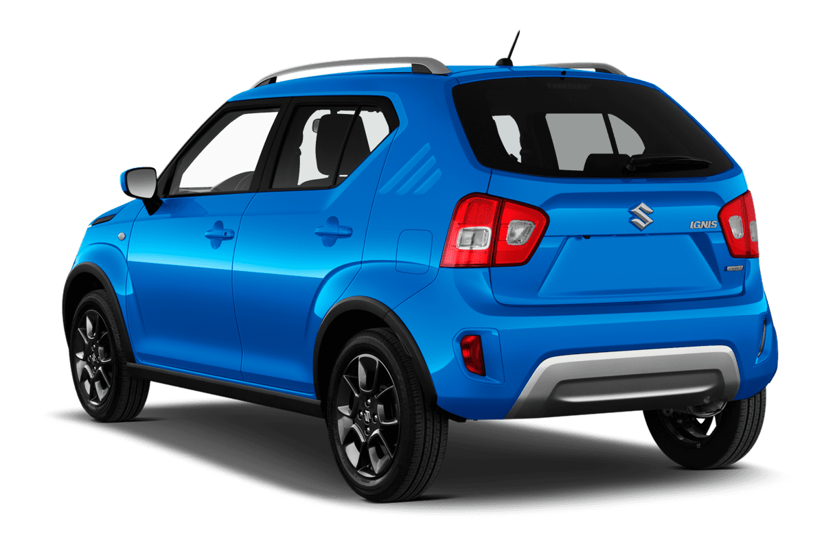 Schräge Heckansicht eines Suzuki Ignis Hybrid, freigestellt