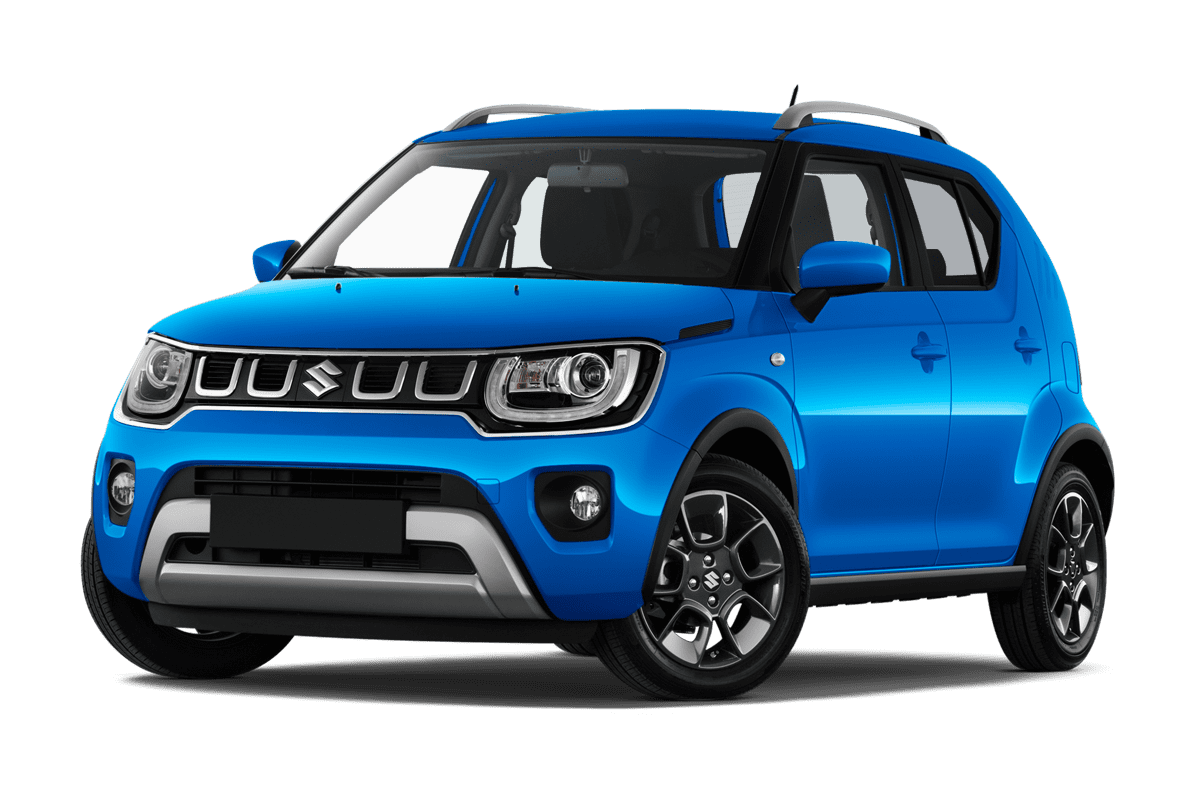 Tiefe, schräge Heckansicht eines Suzuki Ignis Hybrid, freigestellt