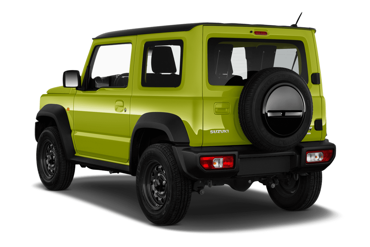 Schräge Heckansicht eines Suzuki Jimny, freigestellt