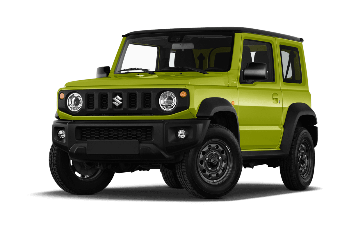 Tiefe, schräge Heckansicht eines Suzuki Jimny, freigestellt