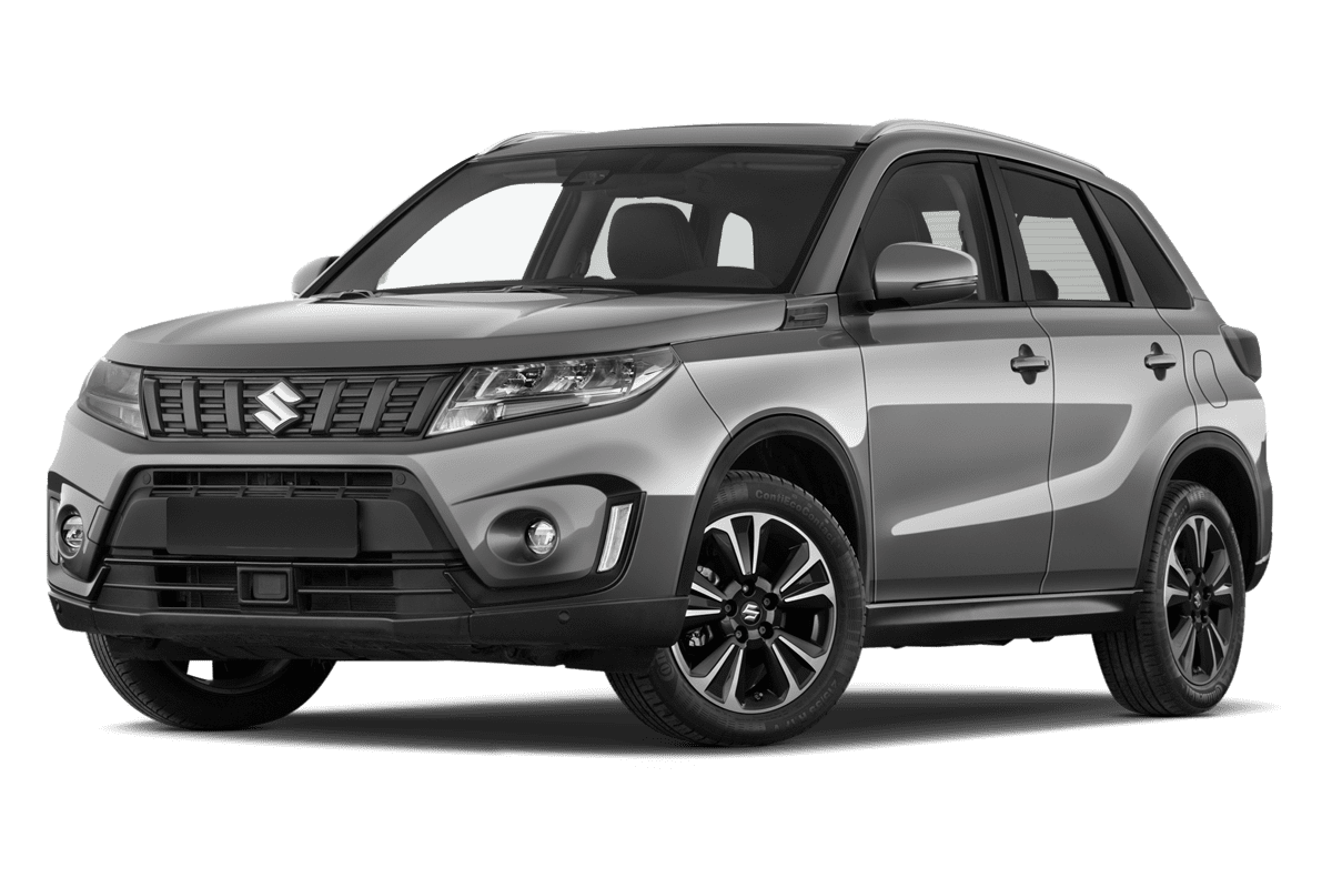 Tiefe, schräge Heckansicht eines Suzuki eVitara (neues Modell), freigestellt