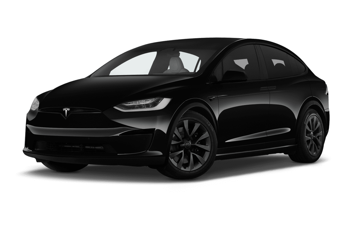 Tiefe, schräge Heckansicht eines Tesla Model X, freigestellt