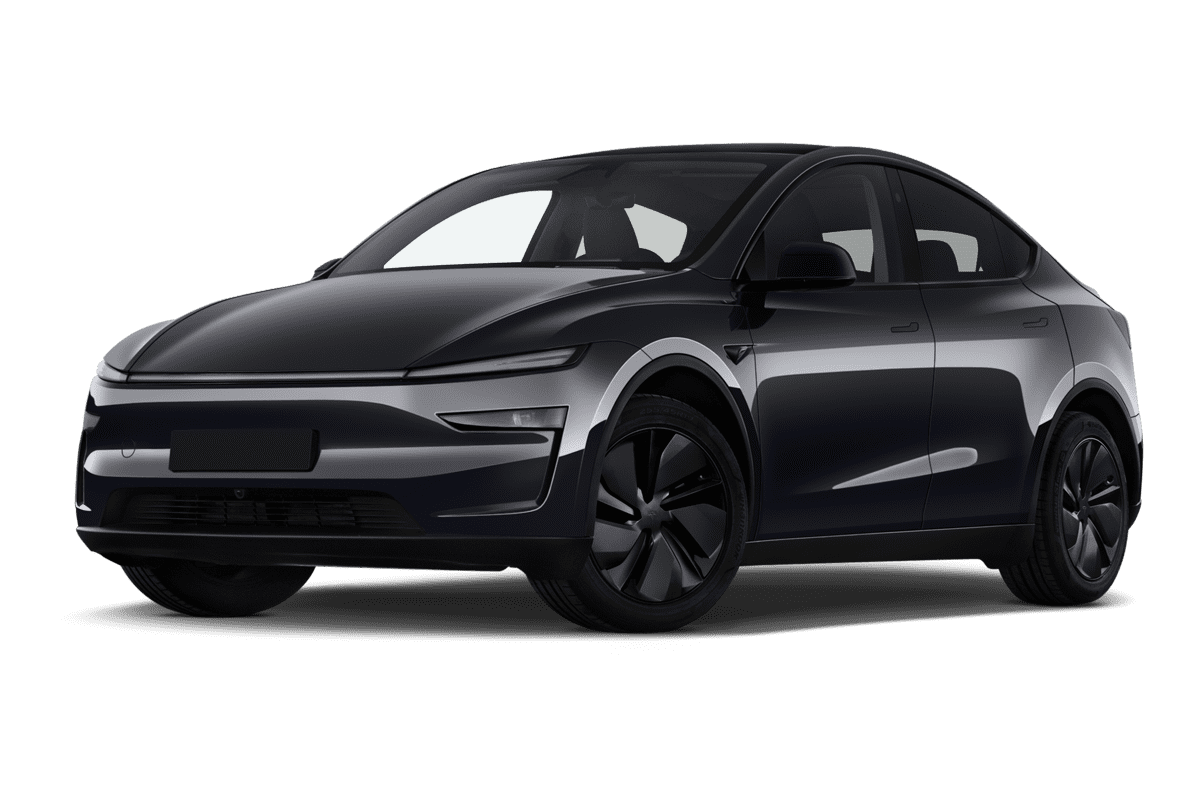 Tiefe, schräge Heckansicht eines Tesla Model Y, freigestellt